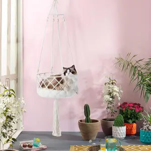 Macrame Cat Hammock, 15.8" Cat Swing Bed Handmade Boho Hanging Cat Hammock with Cushion