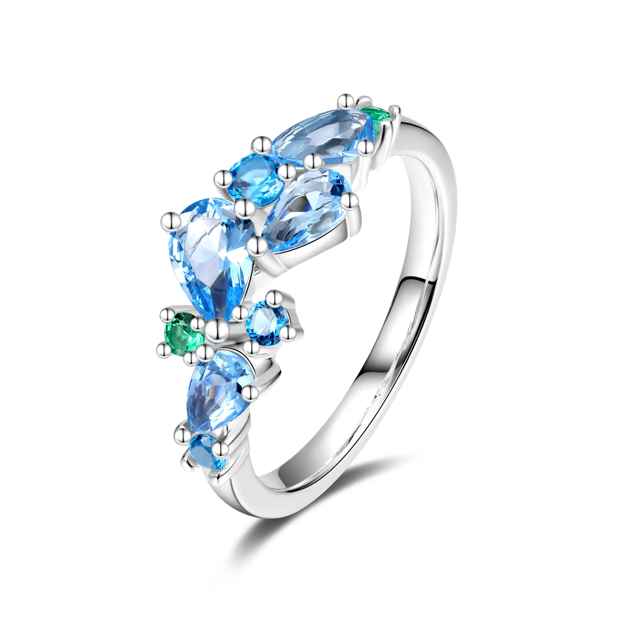 “Wisteria Whisper” Flower Bar Aquamarine Topaz Silver Ring