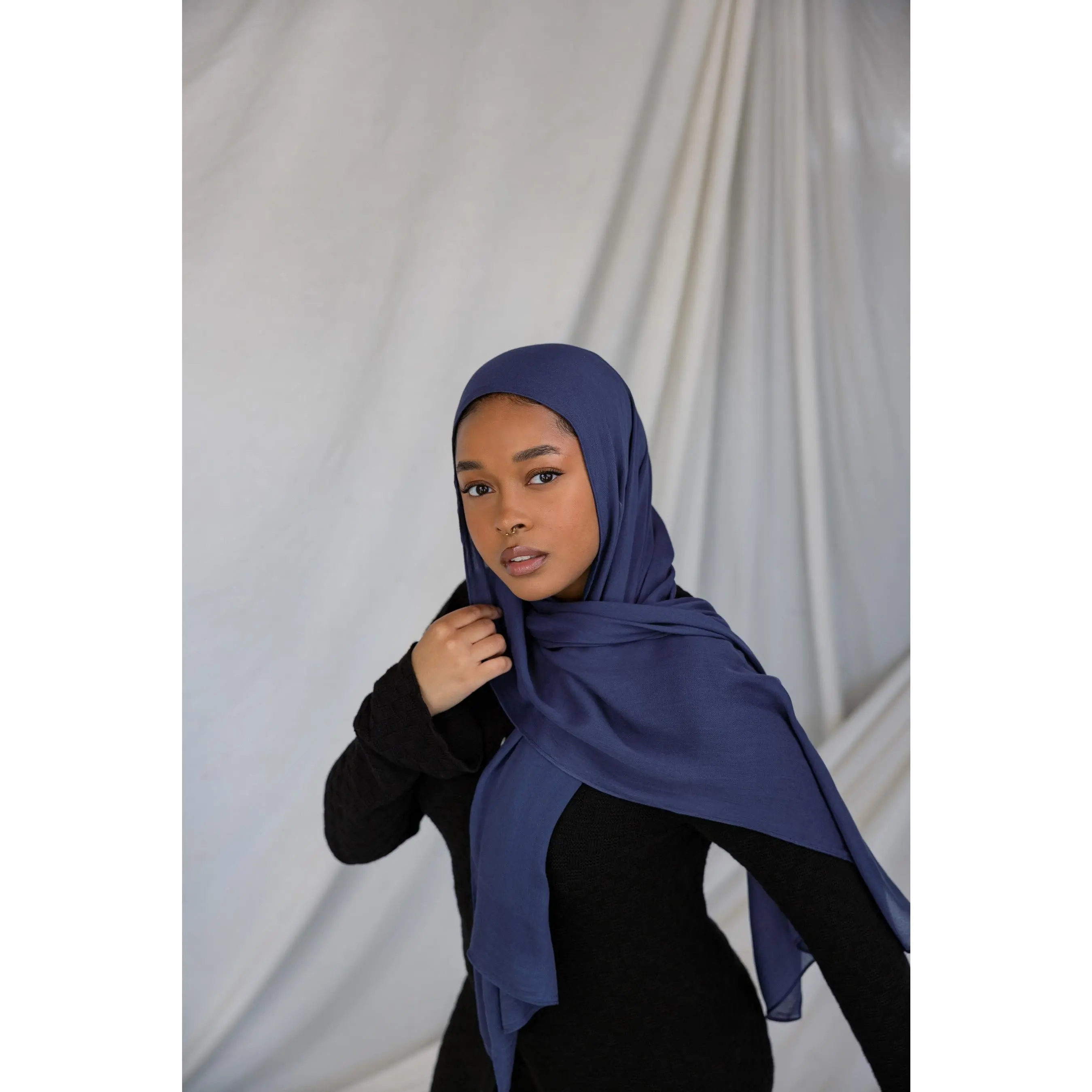 VELA Midnight Navy Modal Hijab for Muslim Women - Luxurious Solid Design in a Custom-Dyed Dark Denim Blue