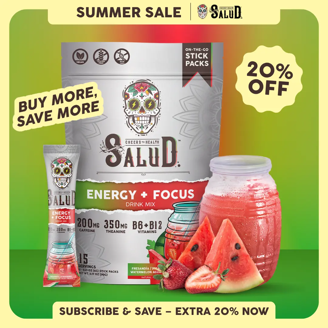 Salud 2-in-1 [Energy + Focus - Fresandía | Strawberry Watermelon] Clean Energy Drink Mix, Agua Fresca, Organic Caffeine, B6 & B12, L-Theanine, Drink Packets, Non-GMO, Gluten Free, Vegan, Low Calorie, 1g Sugar (15 Servings)