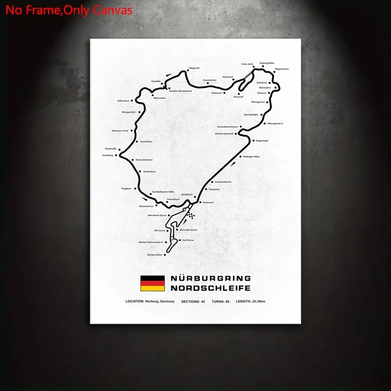 1 piece/set frameless canvas painting print posters, classic minimalist art, Racing Circuits Nurburgring map, perfect gift for race car culture enthusiasts, ideal gift for bedroom, living room, dormitory corridor, mural, wall decoration, room decoration