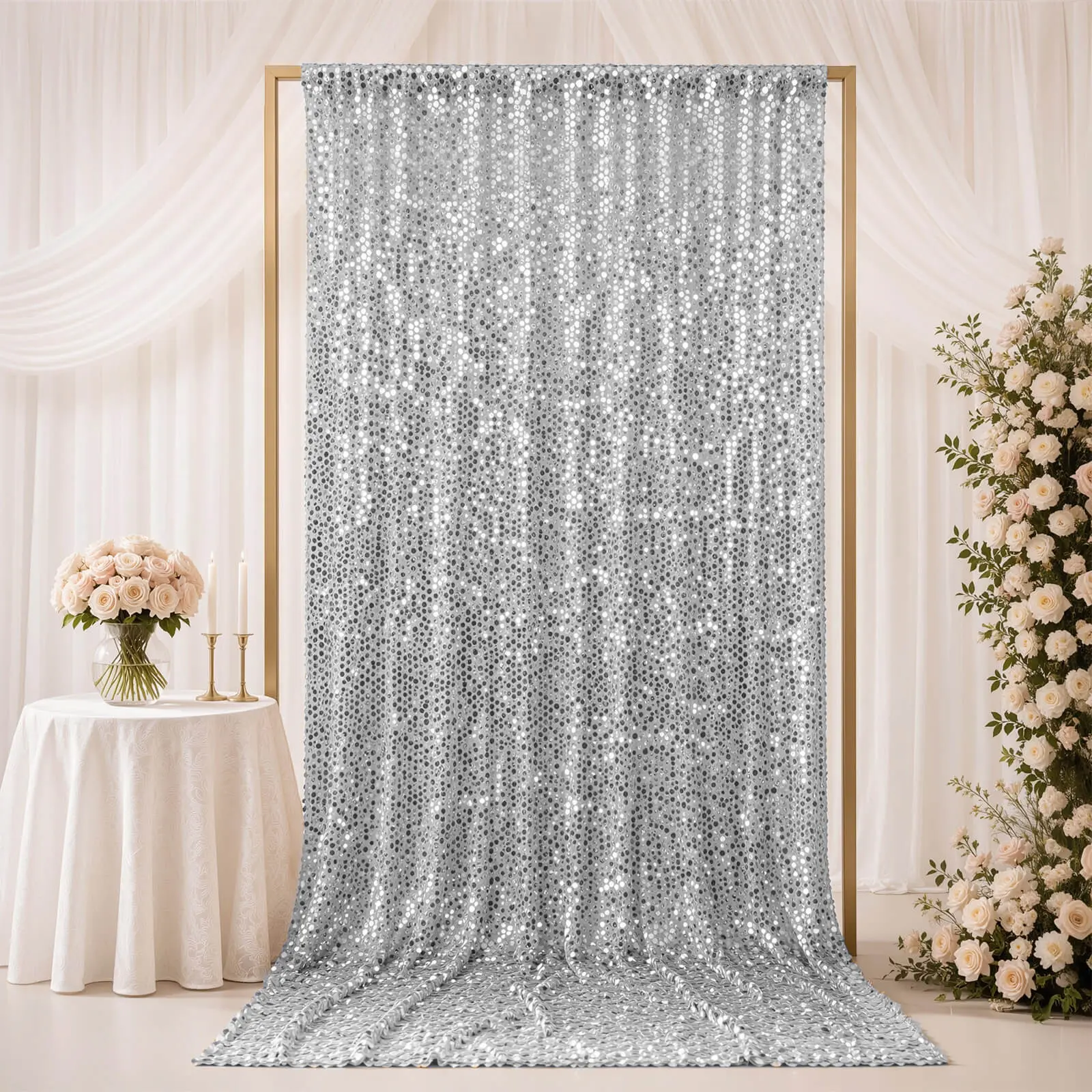 Large Payette Sequin Backdrop Curtain Silver 5ft x 12ft - Big Round Sequin Event Photography Panel with Rod Pocket