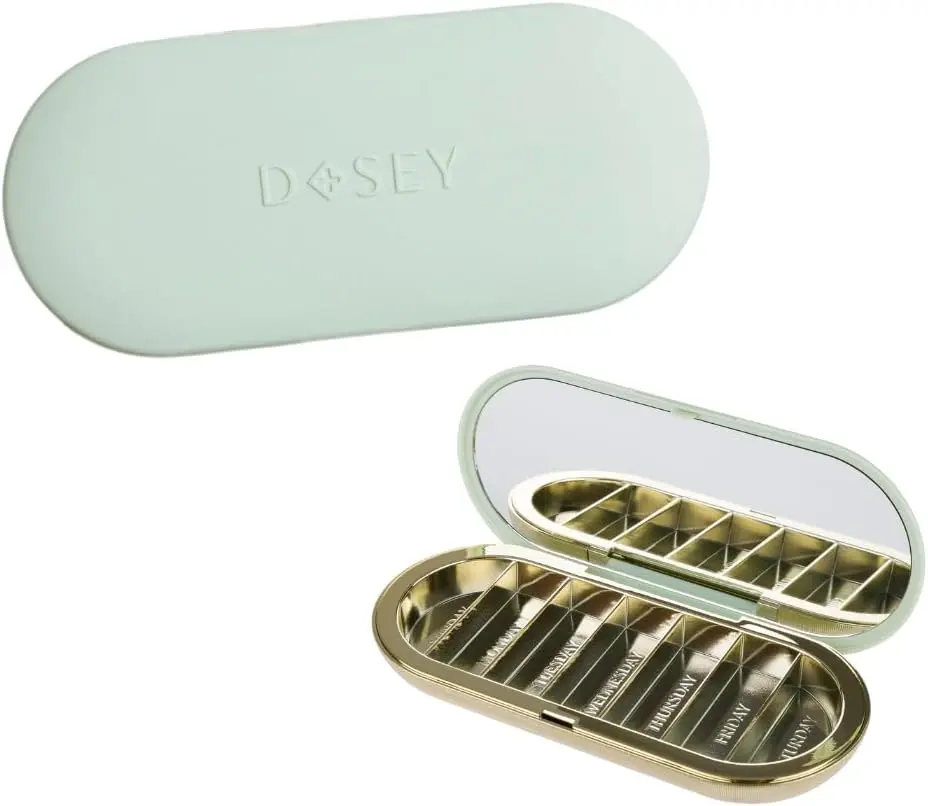 Dosey Pill Case - Organizer with 7 Compartments for Medicine Storage & Protection – Stylish & Elegant Medication Organizer with Mirror, Sage Compact Portable