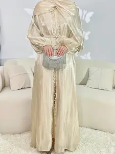 Women's Solid Abaya & Belted Tank Dress Set, Elegant Bishop Sleeve Long Sleeve Outerwear & Long Dress, Ladies Islamic Clothing for All Seasons, Modesty Abaya