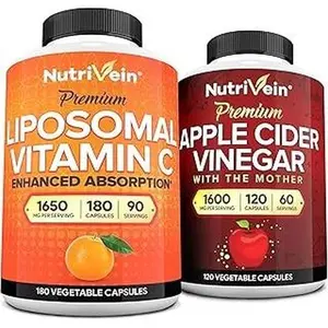 Nutrivein, Apple Cider Vinegar & Vitamin C Capsules Bundle, Dietary Supplement Set, Plant-Based Nutrition Formula, Daily Wellness Support, 300 Capsules Total, 2 x 180 + 120 Capsules