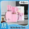 PM-Women's 19 piece Luxury Scandinavian Style Kitchenware Set - Silicone-Heads Wooden-Handle Tools, Knives, Organizer, Nonstick Black Pots & Pans, Pink & White Accents, Easy-to-Clean, Odor-Resistant - Valentine's Day Gift Ideas for Moms, Home Goods