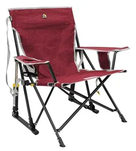 GCI Outdoor Kickback Rocker Camping Chair | Portable Folding Rocking Chair with Durable Armrests, Drink Holder & Relaxed Lowered Seat for Comfort — Red
