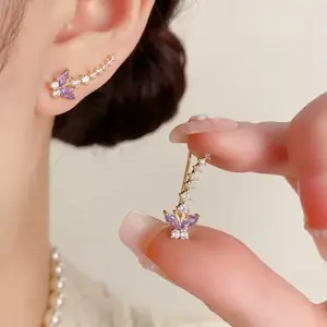 Purple Butterfly Ear Crawler Earrings for Women, 14K Gold Plated Amethyst Crystal Climber Studs, Sparkly Marquise Rhinestone Ear Pin, Hypoallergenic Jewelry Gift for Teen Girls