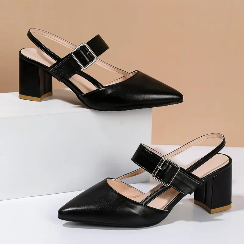 Women's Fashionable Classic Solid Color Metal Buckle Design Chunky Block Heeled High Heel Shoes, Elegant Pointed Toe Heels for Party, Daily Clothing Decor for Women & Girls, Dressy Summer Shoes, Footwear, Rubber, Summer