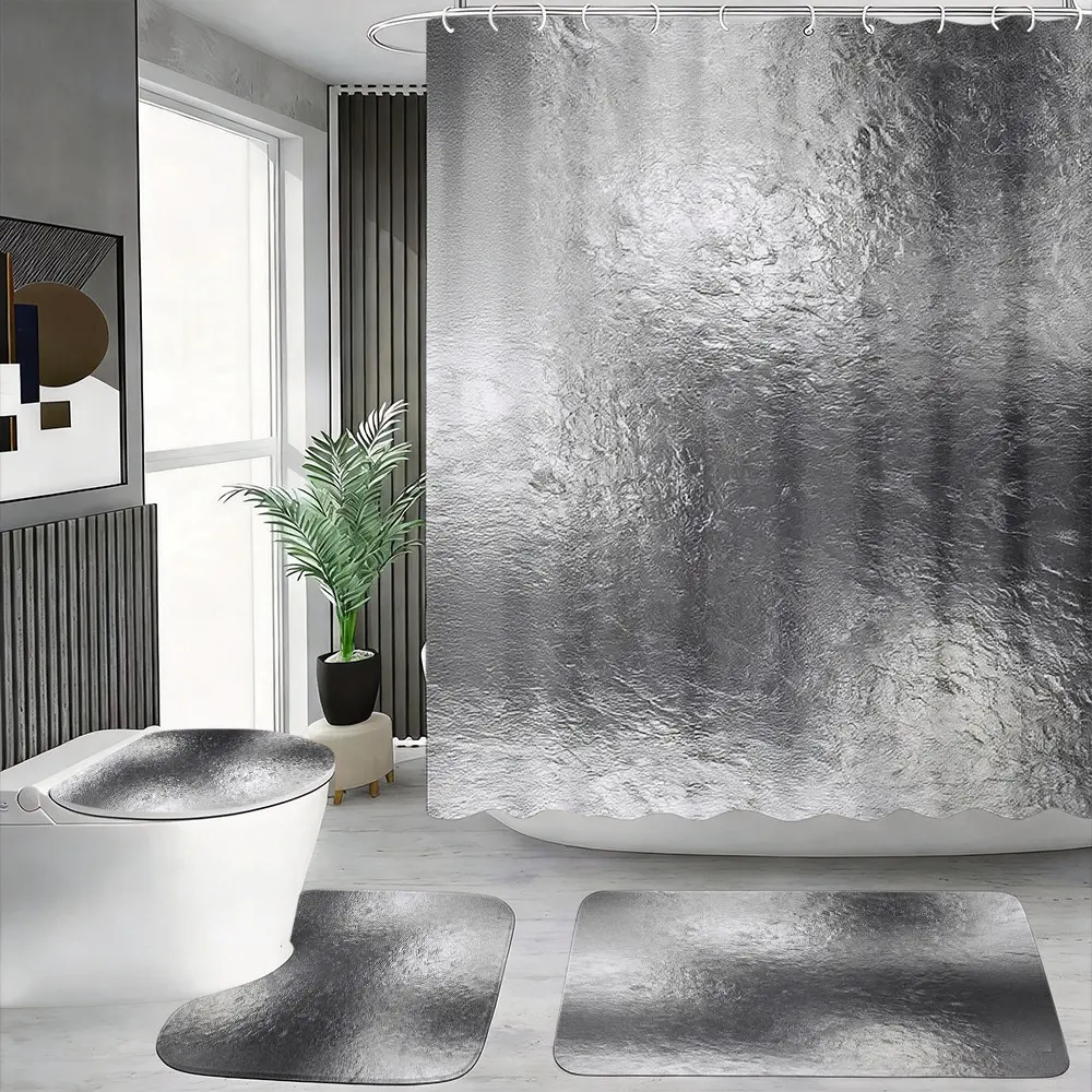 4pcs Metallic Silver Color Shower Curtain Set with Non-Slip Rugs, Luxury Modern Bathroom Decor, The floor mat fabric is thicker and softer! Chic Aesthetic Bath Accessories, Sleek Guest Room Upgrade