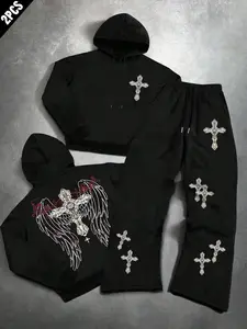 Trendy Religious Inspired Two-Piece, Hoodie & Pants Set with Cross Print, Urban Street Style, Casual Daily Wear
