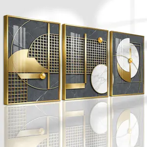 3 Counts Aluminum Alloy Framed Painting, Geometric Gold And Marble Abstract Art, Home Decoration For Living Room, Bedroom, Office, Restaurant, Hallway Wall Decor, Odorless Print Artwork, Luxury Perfect Gift For Friends And Family