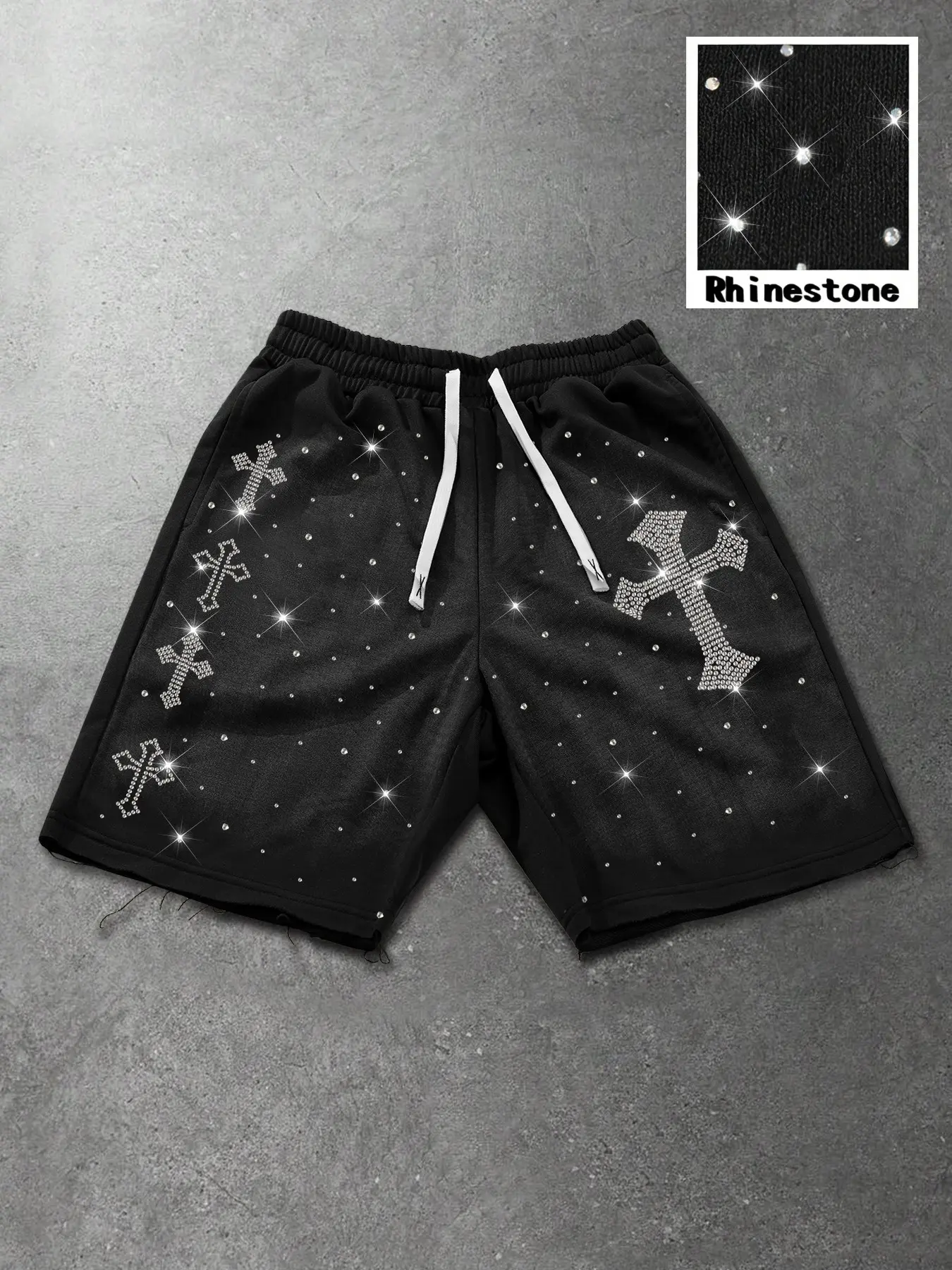 Summer Men's Rhinestone Cross Straight Leg Casual Wear Shorts, Trendy American High Street Versatile Leisure Shorts, Fashionable Loose Fit, Graphic Shorts