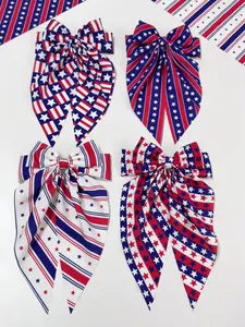 4pcs American Flag Star Bow Hair Clip Set, Classic Red White Blue Printed Headwear, Themed Hair Accessory, Stylish Decorative Clips for Independence Day Celebration And Holiday Party Looks