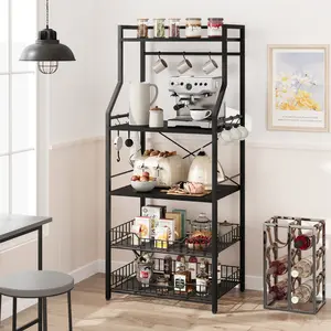 GARVEE 5 Tier Bakers Rack for Kitchen Storage, Compact Microwave Oven Stand with 2 Large Baskets, 8 Hooks, Coffee Bar Station, Freestanding Metal Frame Organizer, Black and Gray