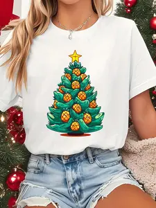 100% Cotton Pineapple Christmas Tree Funny Xmas Design T-Shirt Graphic Tees Women Casual Print Short Sleeve Women Tee Tops Clothes