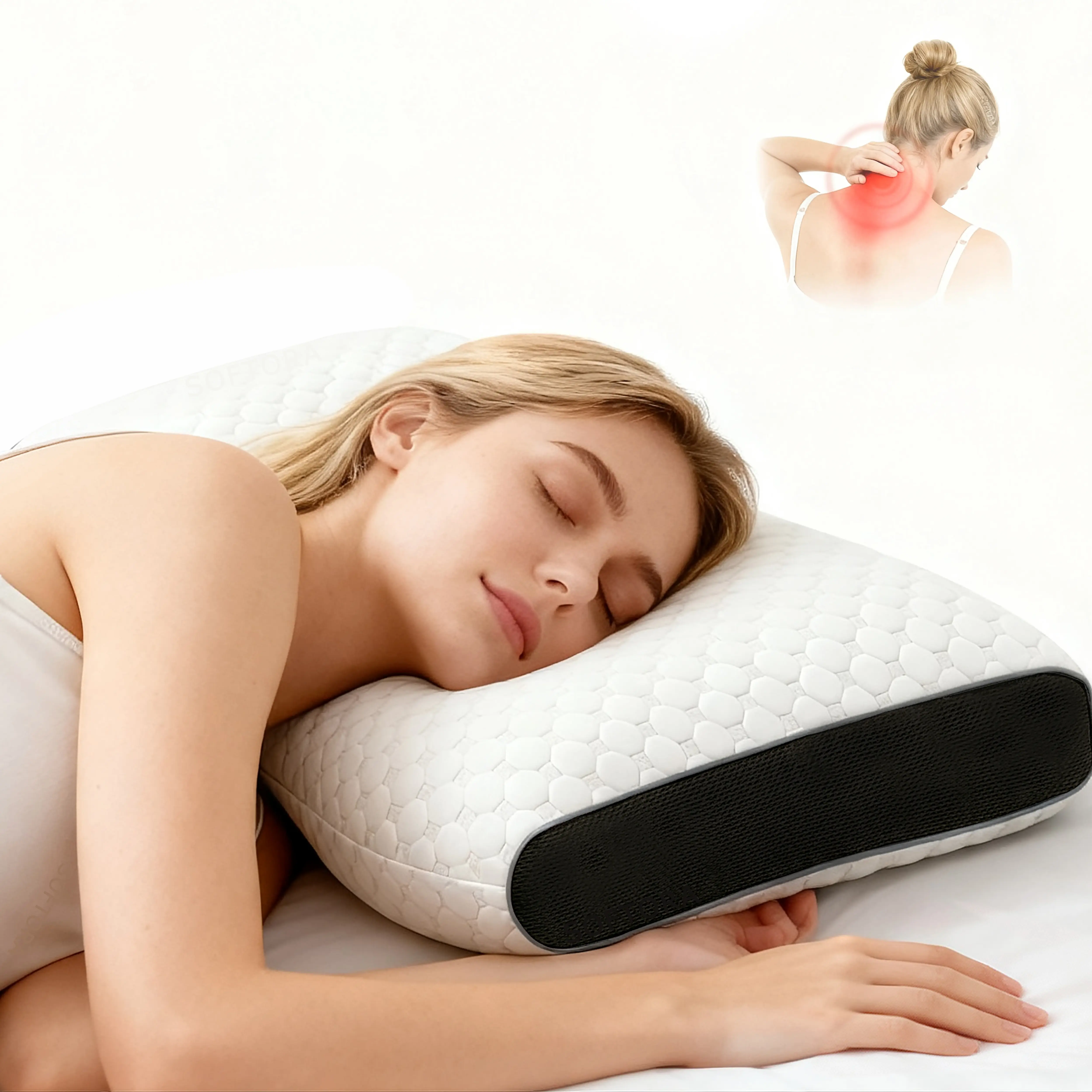 SOFTORA-2 piece 3D SPA massage neck pillow, adjustable ergonomic orthotic support neck protection and relieves neck pain sleep aid + Free Eye Mask Gift.lumbar support pillow