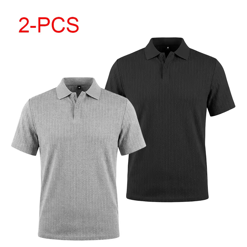 Men's Summer Vertical Textured Collared Short Sleeve Polo Shirt, Two Button Notch Placket Top, Breathable Draped Business Base Tee, Clean Cut Daily Versatile Casual Polo Top # SummerWins