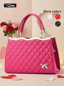 Elegant Women's Bow Handbag, Fashion Rhombus PU Leather Texture, Zipper Crossbody Bag, Adjustable Strap, All Seasons Casual Style