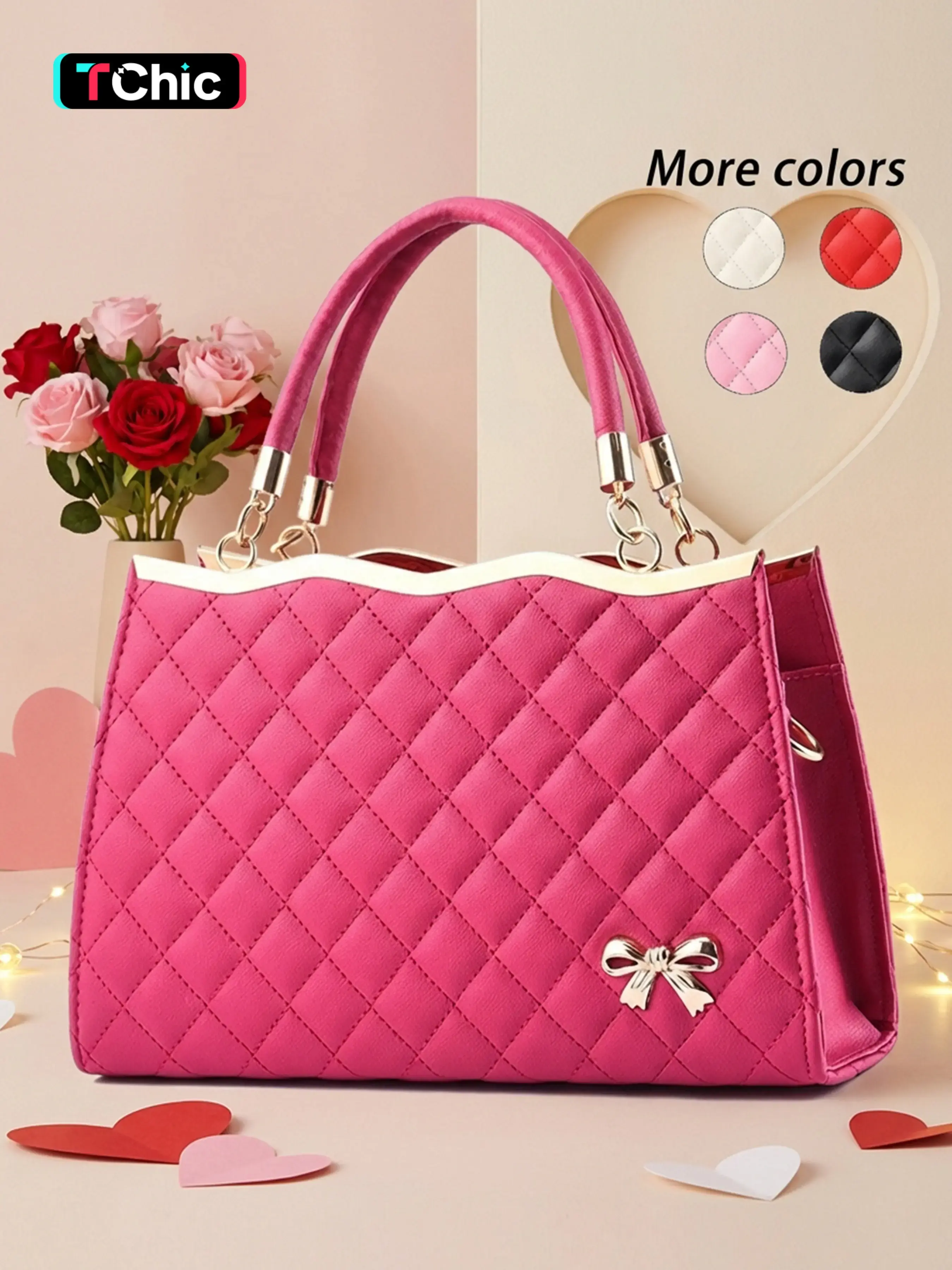 Elegant Women's Bow Handbag, Fashion Rhombus PU Leather Texture, Zipper Crossbody Bag, Adjustable Strap, All Seasons Casual Style