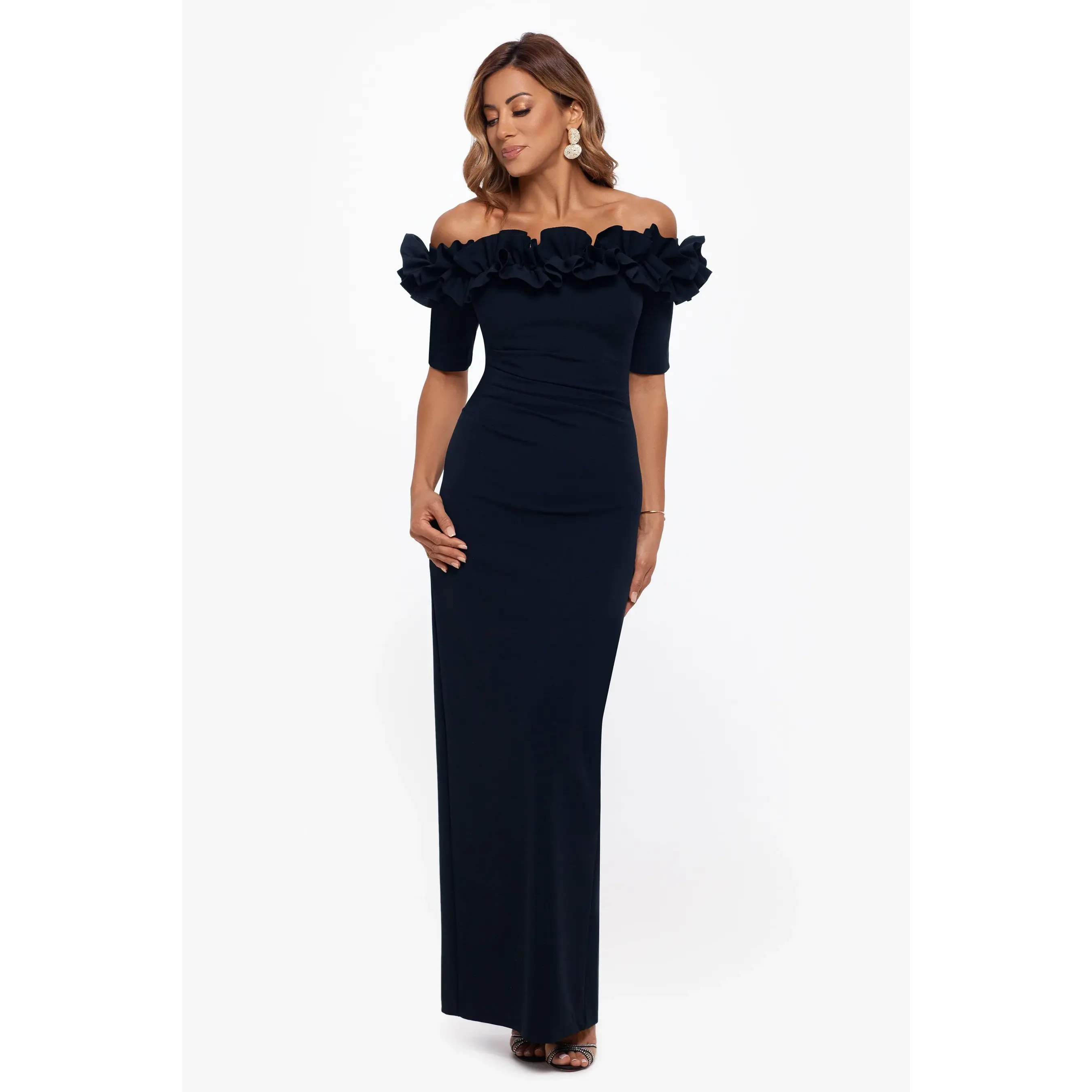 gold sparkly dress long sleeve Sequin Fitted Long Sleeve Slit Gown by Ladivine CH054  ABC Fashion
