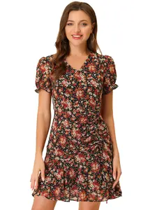 INSPIRE CHIC Women's Ruffle Puff Sleeve V Neck Chiffon Ruched Drawstring Floral Dress