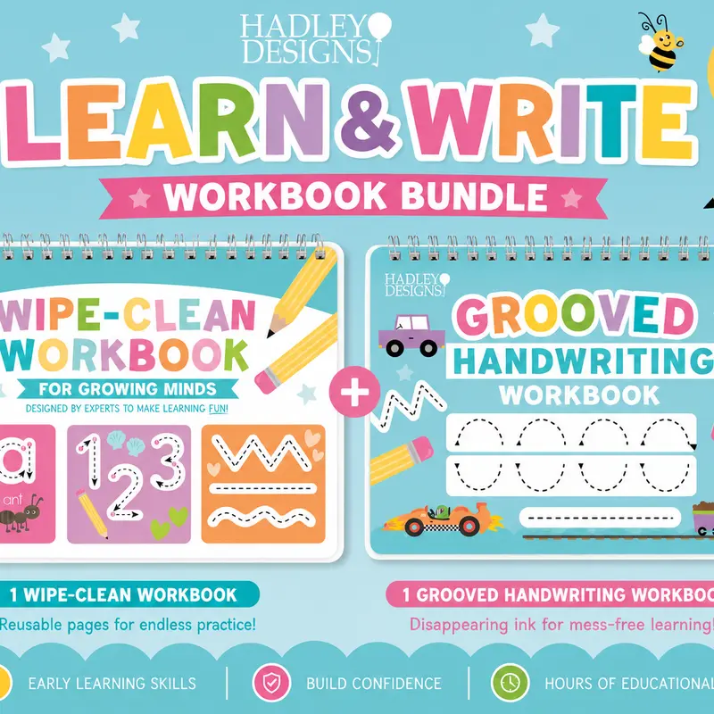 Hadley Designs Kids Handwriting Bundle for Ages 3-7 - ABC Tracing Workbook, Dry-Erase Supplies, Kindergarten Readiness, Homeschool Tools with 2 Magic Pens, 2 Pencil Grips, 4 Grooved Reusable Copybooks, Builds Independent Writing, Confidence-Building