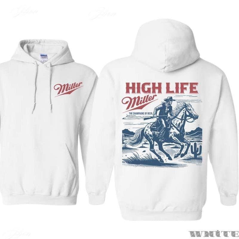 Miller High Life Hoodie - Featuring Front Red Miller Logo, And Back Graphic Of Cowboy On Horse In Desert Scene With THE CHAMPAGNE OF BEER Slogan, Designed For Western Lifestyle Fans Who Appreciate Vintage Beer Branding, Rugged Americana Vibes