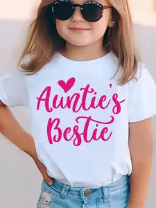 Girls' Soft Cotton Short Sleeve Top, Auntie's Bestie Cute Heart Accent Tee with Double Stitching & Letter Print for Kids