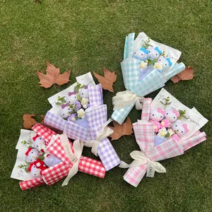 Sanrio Hello Kitty Plastic Flower Bouquet with Plaid Wrapping Gift Ready for Send Lightweight Easy to Handle Ideal for Gifting