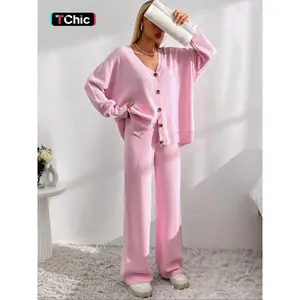 Women's Solid Button Front Drop Shoulder Longsleeves V Neck Cardigan & Elastic Waist Wide Leg Pants Two-piece Set, Lady Casual Fashion Basic Cozy Knitwear Set for Daily Outdoor Wear, Winter Set, Vneck Womenswear, Knit Lounge Set