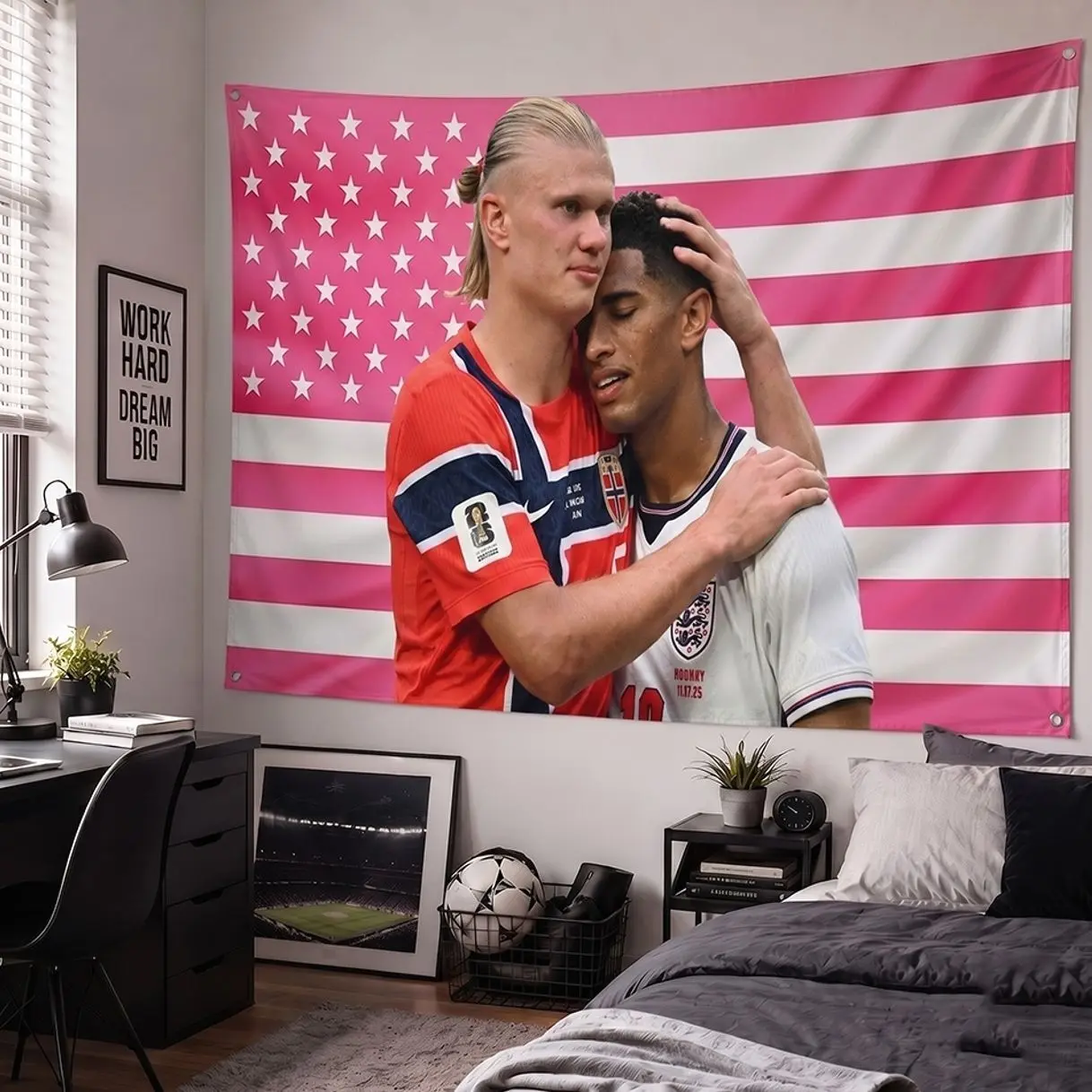 Jude Bellingham and Erling Haaland Couple American Pink Tapestry Flag, Pink US Flag, American & UK Flag, Football Star Wall Dorm Decor, Soccer Fan Gift