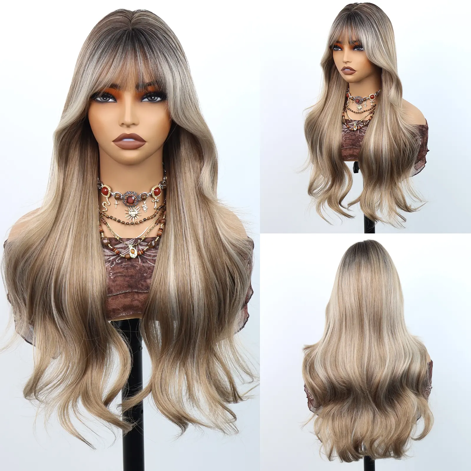 Sandy Blonde Highlights with Brown Roots Ombre Highlights Balayage Long Loose Wave Wig with Bangs Beginner Friendly Wig No Lace Wig Easy to Install Long Wave Wig with Bangs Perfect Gift for Mother's Day