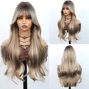 Sandy Blonde Highlights with Brown Roots Ombre Highlights Balayage Long Loose Wave Wig with Bangs Beginner Friendly Wig No Lace Wig Easy to Install Long Wave Wig with Bangs Perfect Gift for Mother's Day outdoorfun