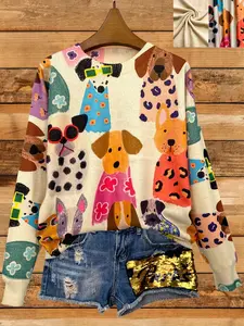 Patterned crew neck long-sleeve knit fashionable casual lightweight women's sweater