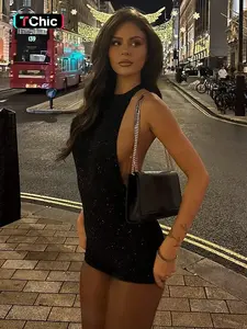 Women‘s Glittered Sexy Backless Tie-neck Halter Romper, Solid Color Sleeveless Lace-up One-piece Rompers Jumpsuit, Party Night  Out Club Date Holiday Daily Casual Plain Playsuit Shorts For Ladies Summer Fashion Clothes Wear