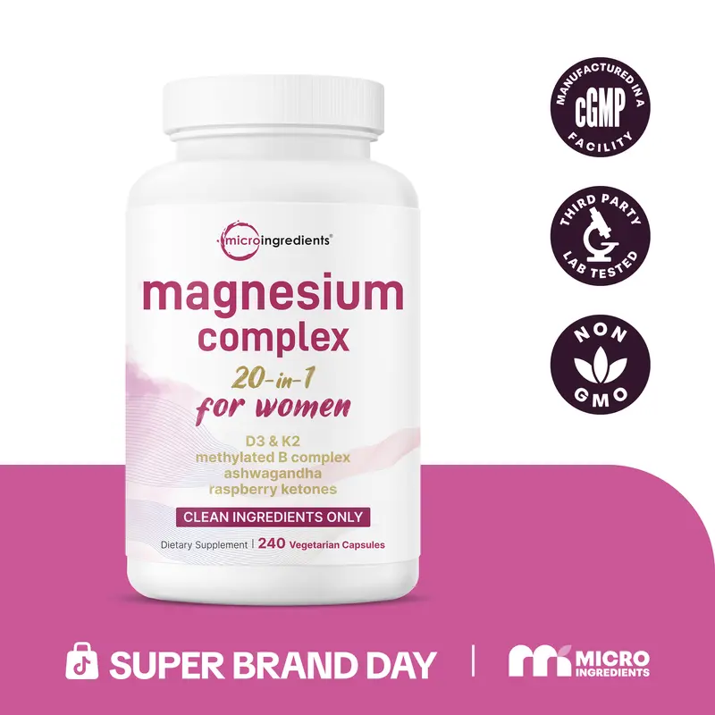 Magnesium Complex for Women, 240 Vegetarian Capsules | 20-in-1 Formula - Magnesium Blend with Vitamin D3, K2, Ashwagandha & More | Filler Free, Non-GMO