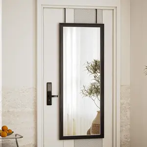 18x48 inch Over Door Mirror Wooden Frame, Full Length Hanging Mirror with Durable and Space-Saving Design for Bedroom, Bathroom, or Closet, Adjustable Height Hooks, Grey