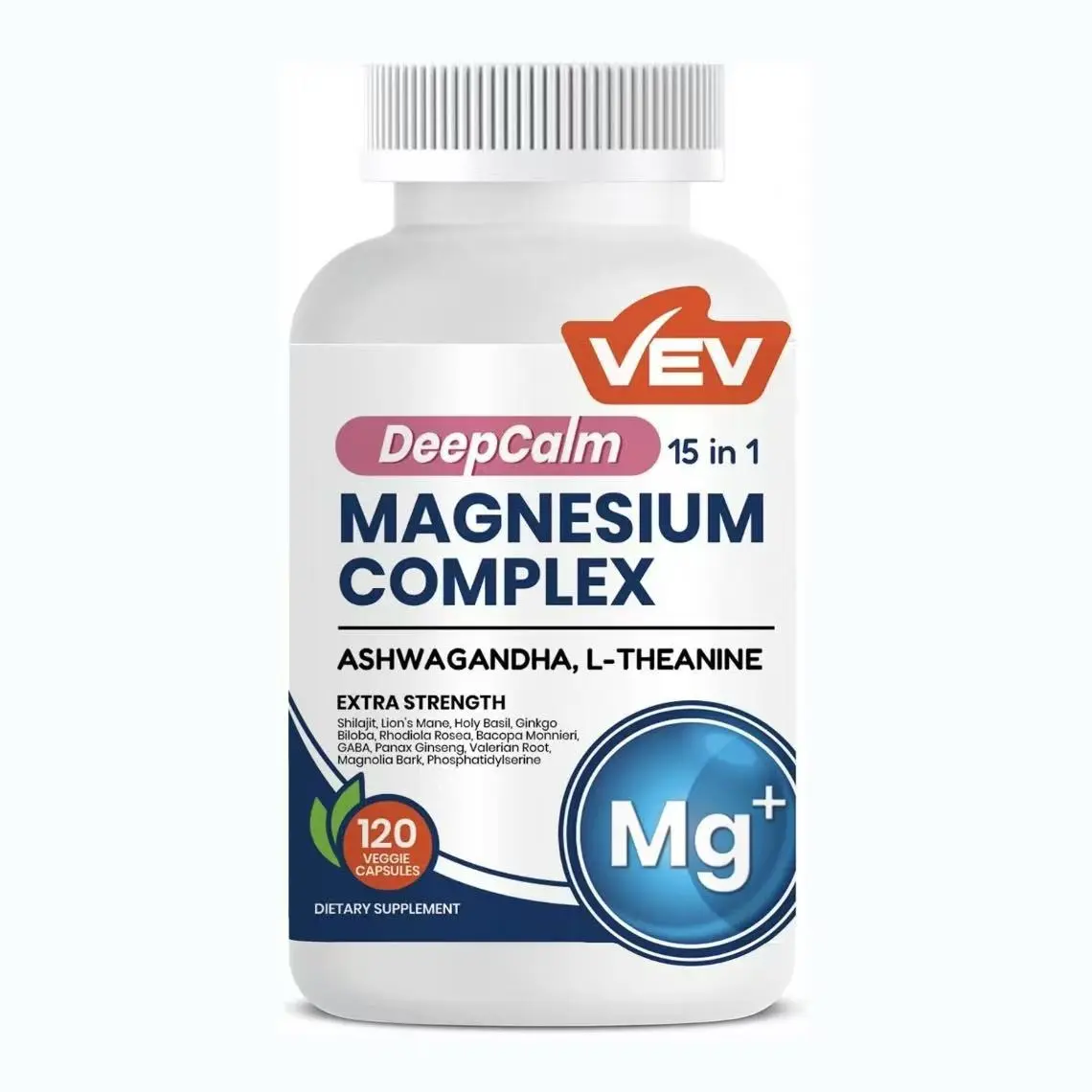 VEV Natural Edible Magnesium Supplement,15-in-1 with Magnesium Glvcinate , Ashwagandha ,L - Theanine  ,Healthcare Dietary (120 Capsules) Vitamin Fitness