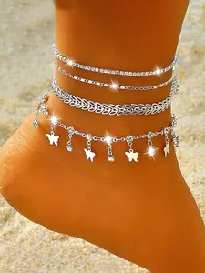 4-Piece Heart-Shaped Zircon Multi-Layer Anklet Set, Butterfly Pendant, Love Chain, Beach Anklets for Women, Valentine's Day Gift