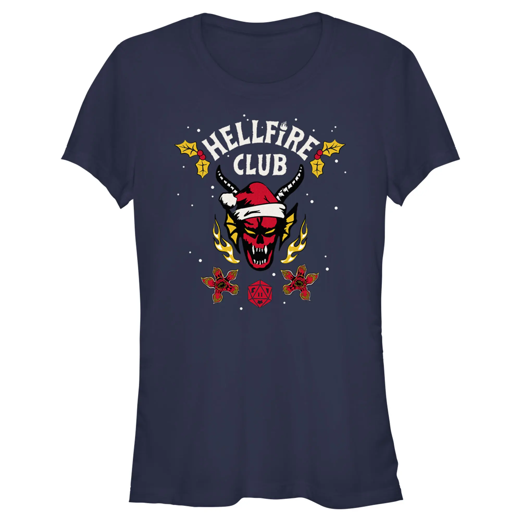 Juniors Womens Stranger Things Christmas Hellfire Club Logo T-Shirt