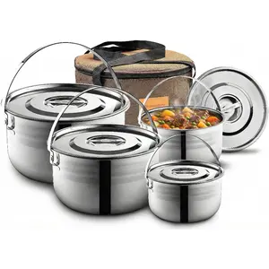 Camping Cookware Set - Compact Stainless Steel Campfire Cooking Pots and Pans | Combo Kit with Travel Tote Bag | Rugged Outdoor Cook Set for Hiking | Barbecues | Beach