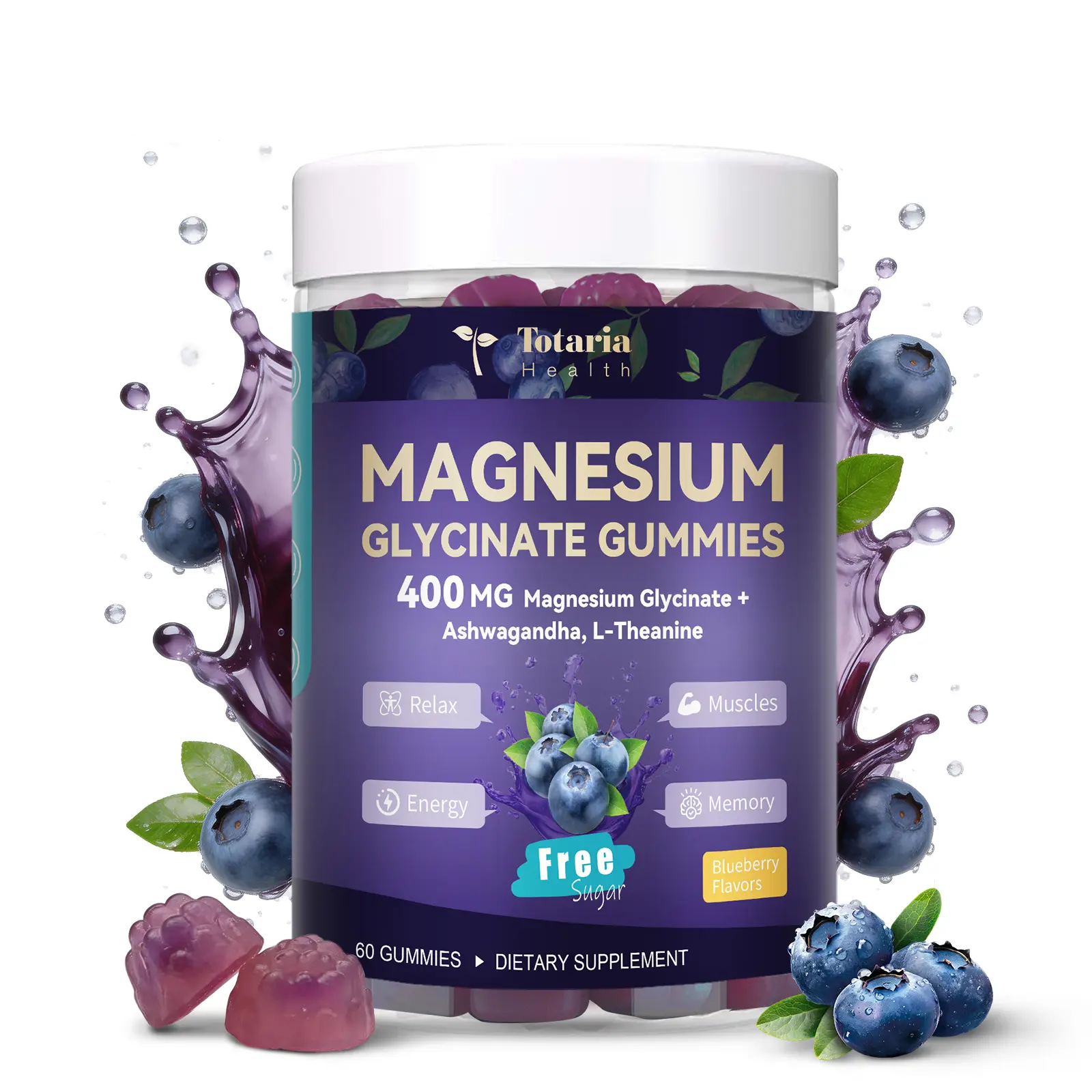 Totaria Magnesium Glycinate Gummies 400mg - Magnesium Complex Gummies with Malic, Taurine & Citrate - Supports Sleep, Relaxation, Brain & Muscles - 60 Blueberry Flavours (Sugar Free & Vegetarian). #DealsForYouDays
