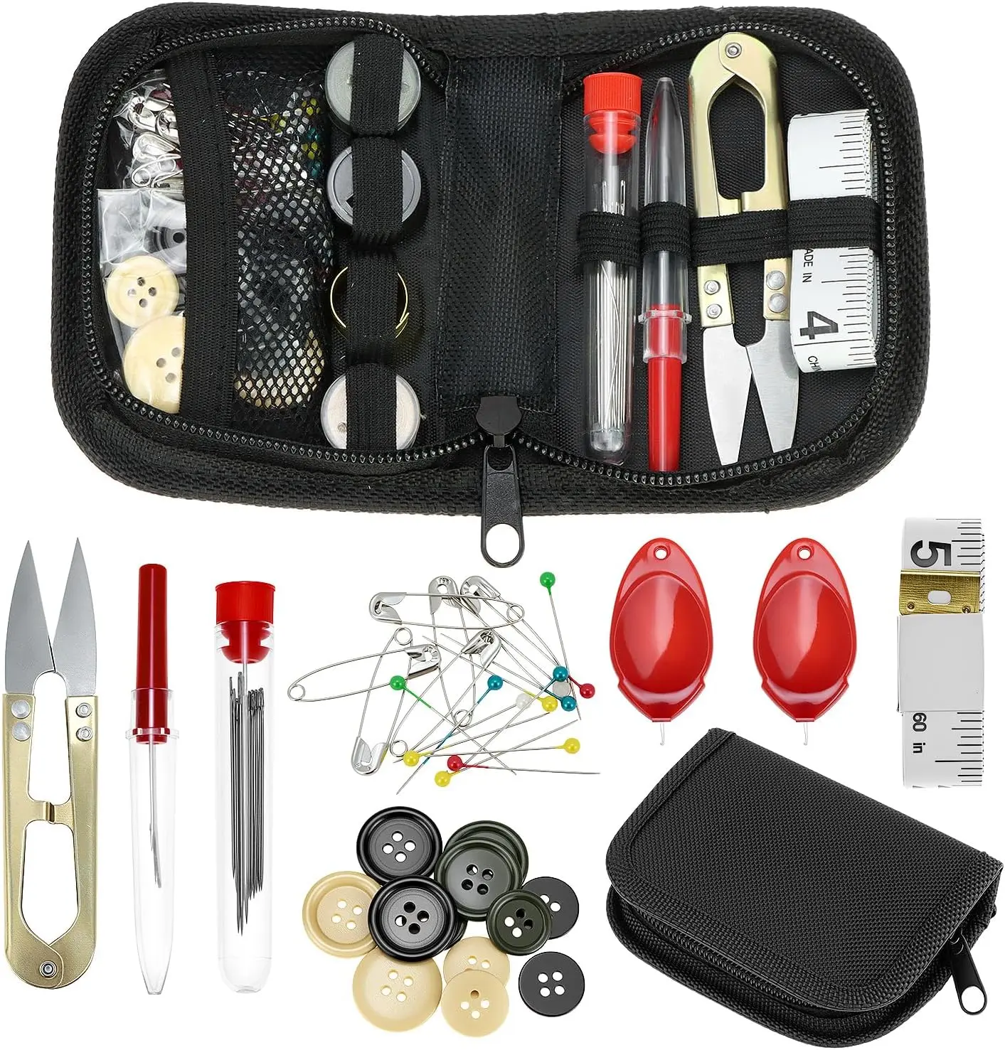 Military Sewing Kit Tactical Survival Repair Set with Heavy Duty Nylon Zipper Case, Basic Mending Tools with Military Buttons &  Large Thread Spools for Camping & Field Use