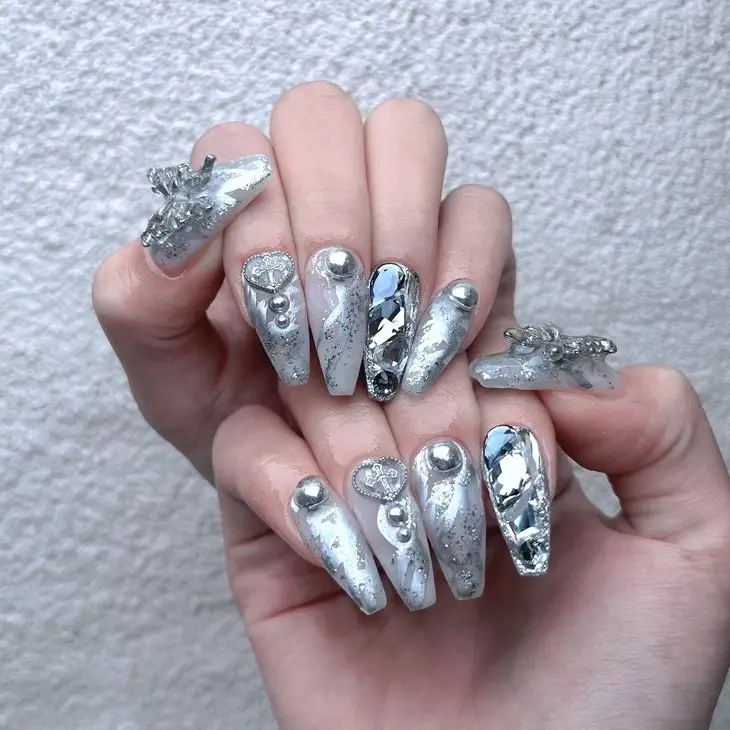 Handmade Silver Chrome Press On Nails Long Coffin, 3D Heart Butterfly Charms, Mirror Rhinestone Glitter Gel False Nails, Icy Y2K Coquette Nail Set, Reusable Luxury Acrylic Nails for Women Gift
