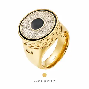 LUMI 14K Gold Plated Iced Signet Ring, 316L Stainless Steel Round CZ Ring, Hip Hop Statement Ring for Men, Sizes 6-12