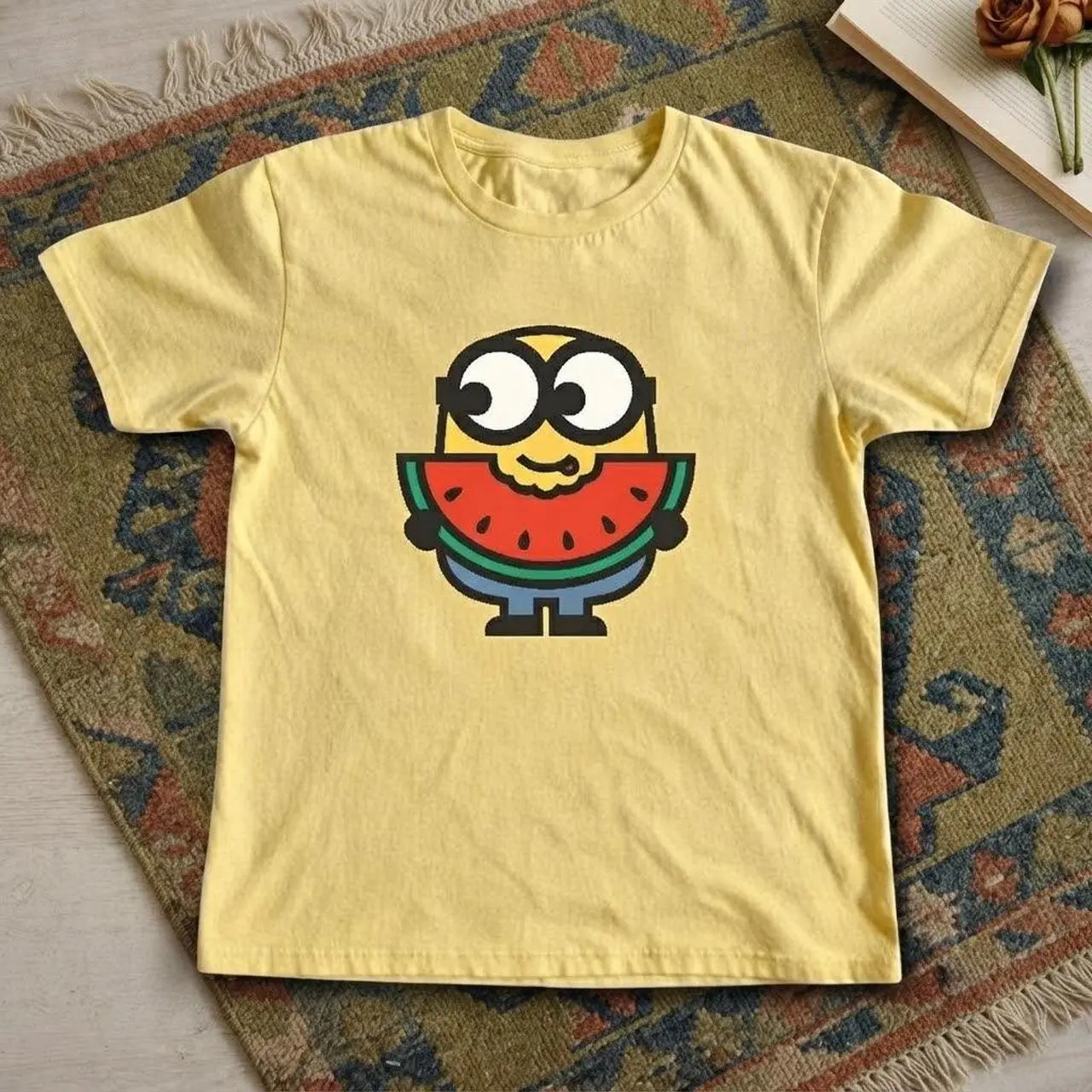Minion T-shirt Vintage Minion Eating Watermelon Slice Graphic Tee, Retro Despicable Me Summer Fruit Shirt, Loose Fit