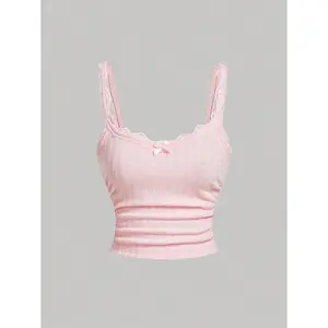 Cute Pink Tank Top With Pleated Lace Patchwork Bow, Singlet, Pink Tank Top, Fall Outfit, Bow Top, Cute School Top, Back To School Top Casual Crop