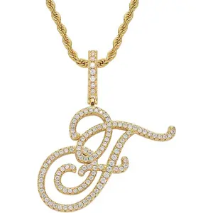 Initial Letter Necklace Gold Plated Women/Men Iced Out Initial Letter Pendant Necklace with 24" Rope Chain