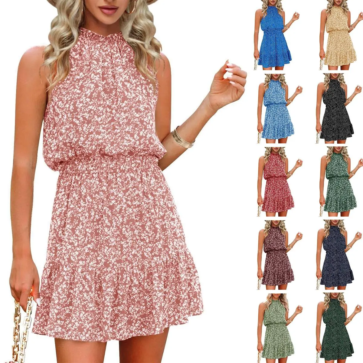 Imily Bela Summer Dress for Women Chiffon Blouses Skirt Spaghetti Sleeveless Tops Halter Ruffle Romper Sun Flowy Summer Outfits